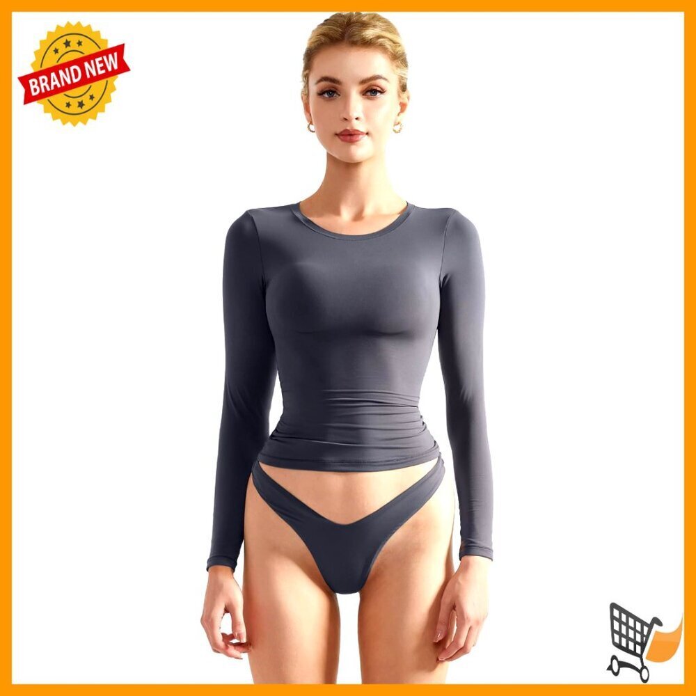 Double Lined Buttery Soft Crew Neck Long Sleeve Crop Top Slim Fit Y2K